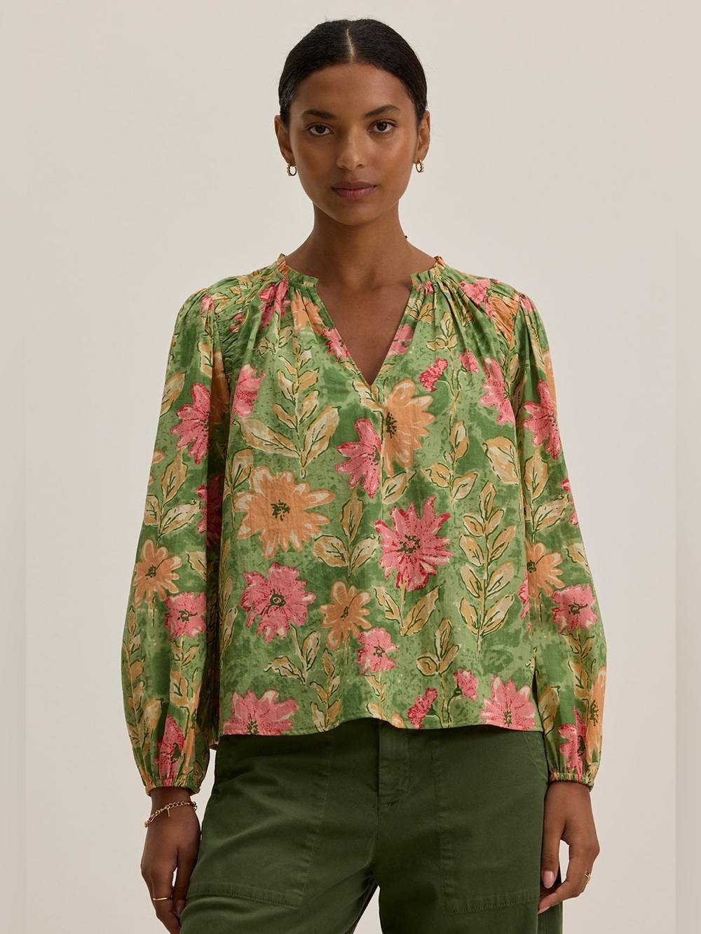 Velvet By Graham & Spencer  Green Floral Marysia Top - Flora Peasant Blouse